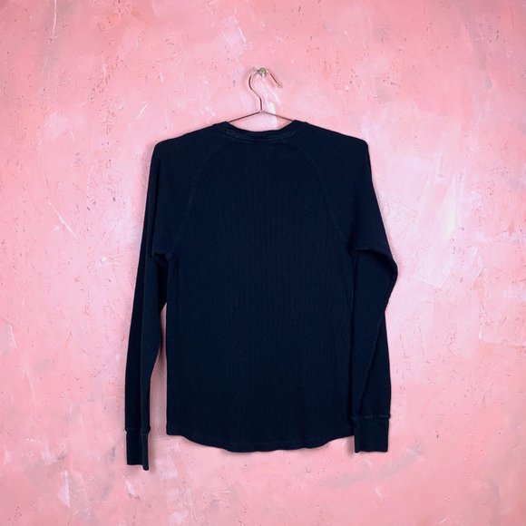 Black Waffle Knit T-Shirt / Long Sleeve Black T-Shirt / MEDIUM Black T-Shirt / - Picture 3 of 3